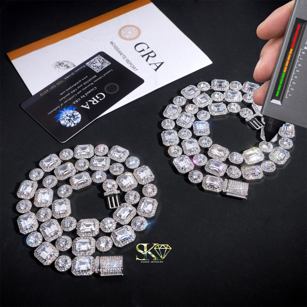 12mm Emerald-Cut Chain in S925 Silver with VVS Moissanite