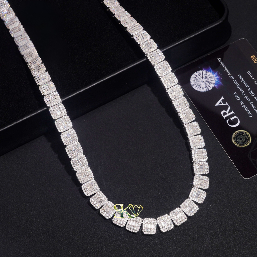 9mm Baguette-Cut Chain in S925 Silver with VVS Moissanite