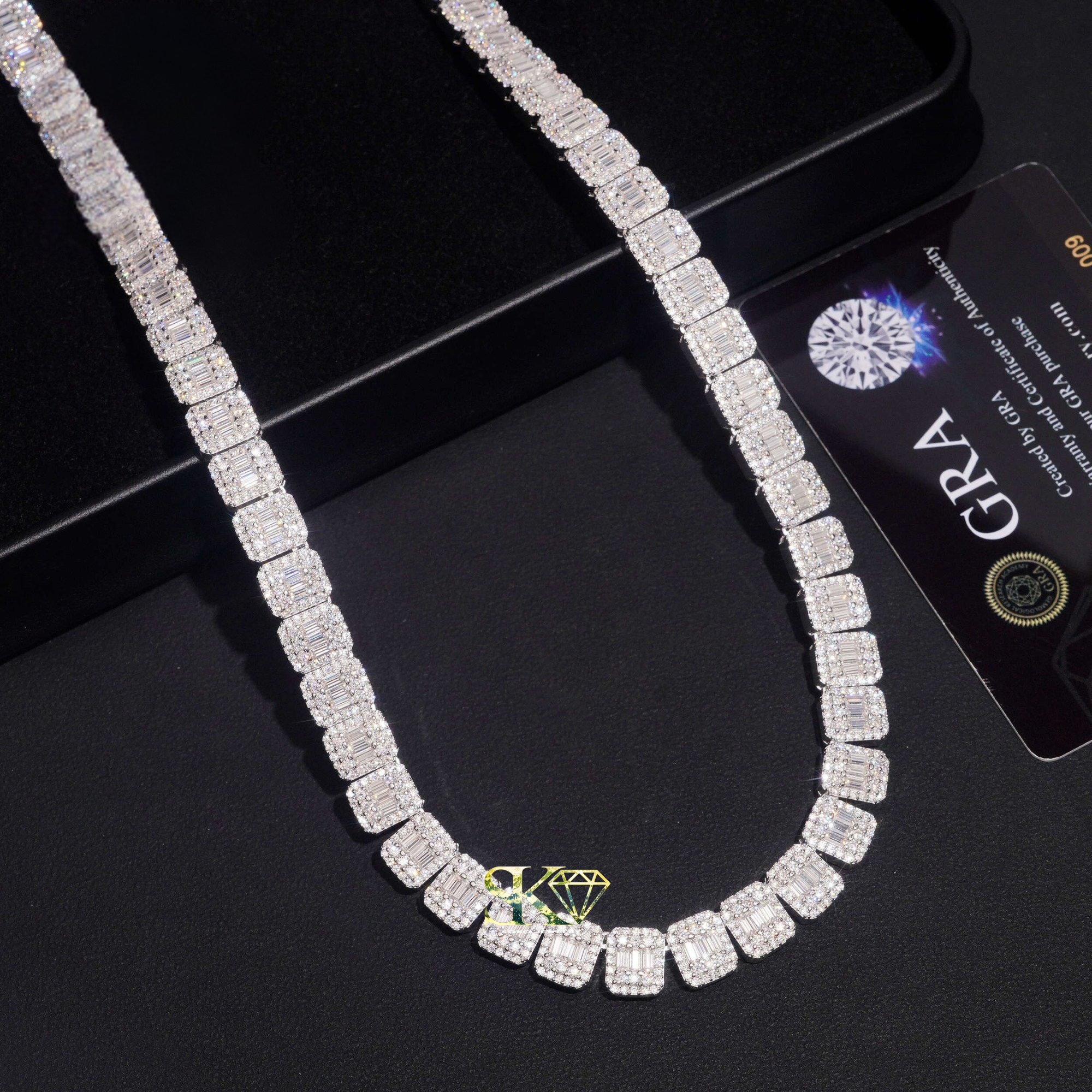 9mm Baguette-Cut Chain in S925 Silver with VVS Moissanite