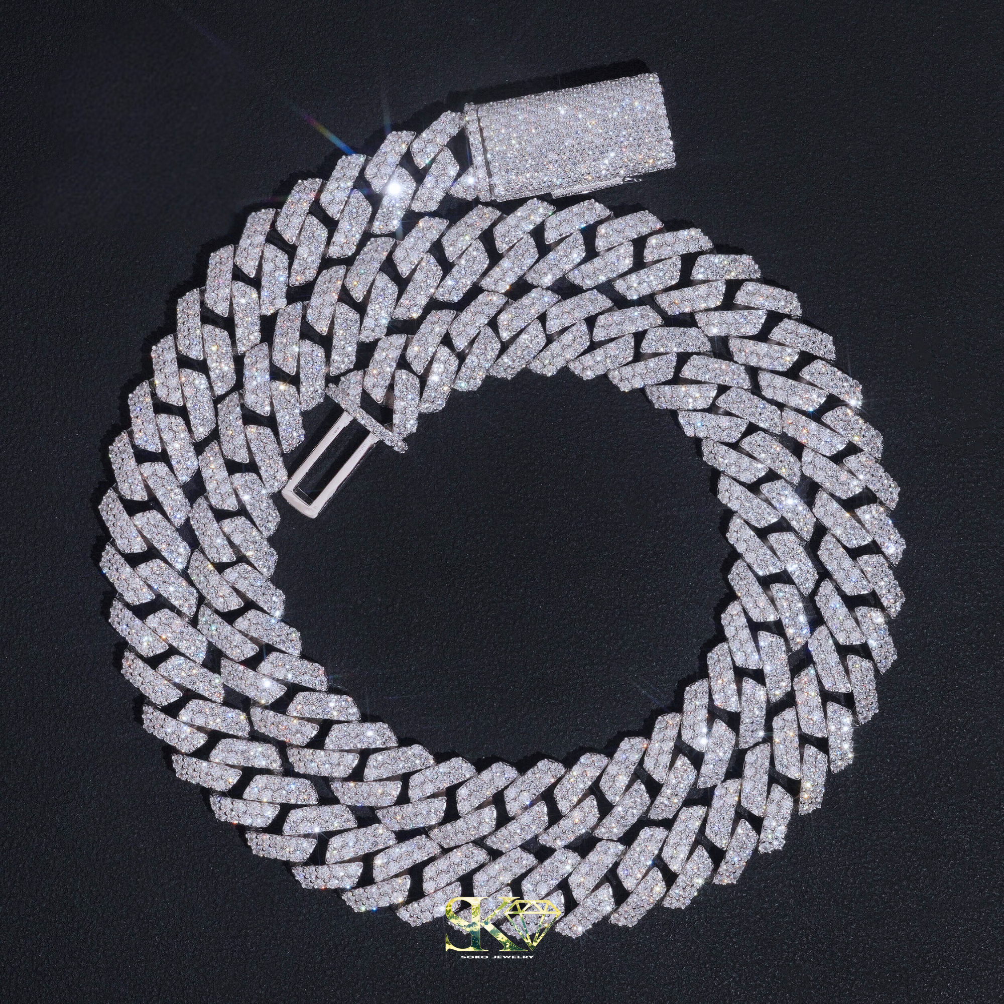 12mm Cuban Chain in S925 Silver with VVS Moissanite