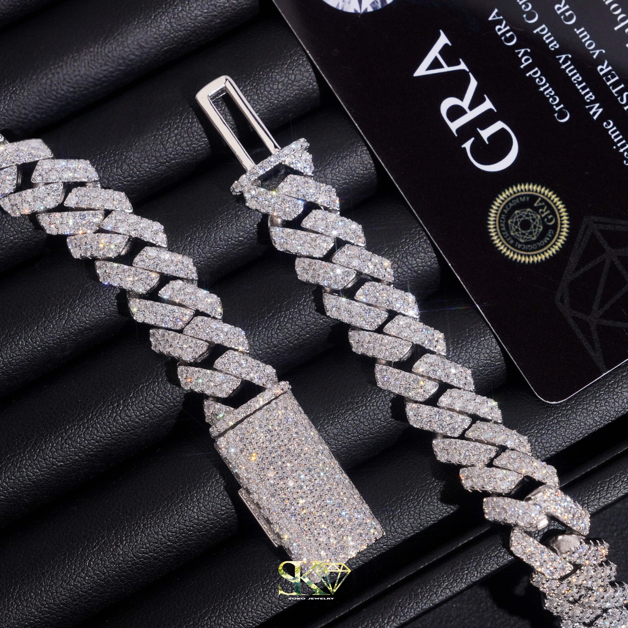 12mm Cuban Chain in S925 Silver with VVS Moissanite