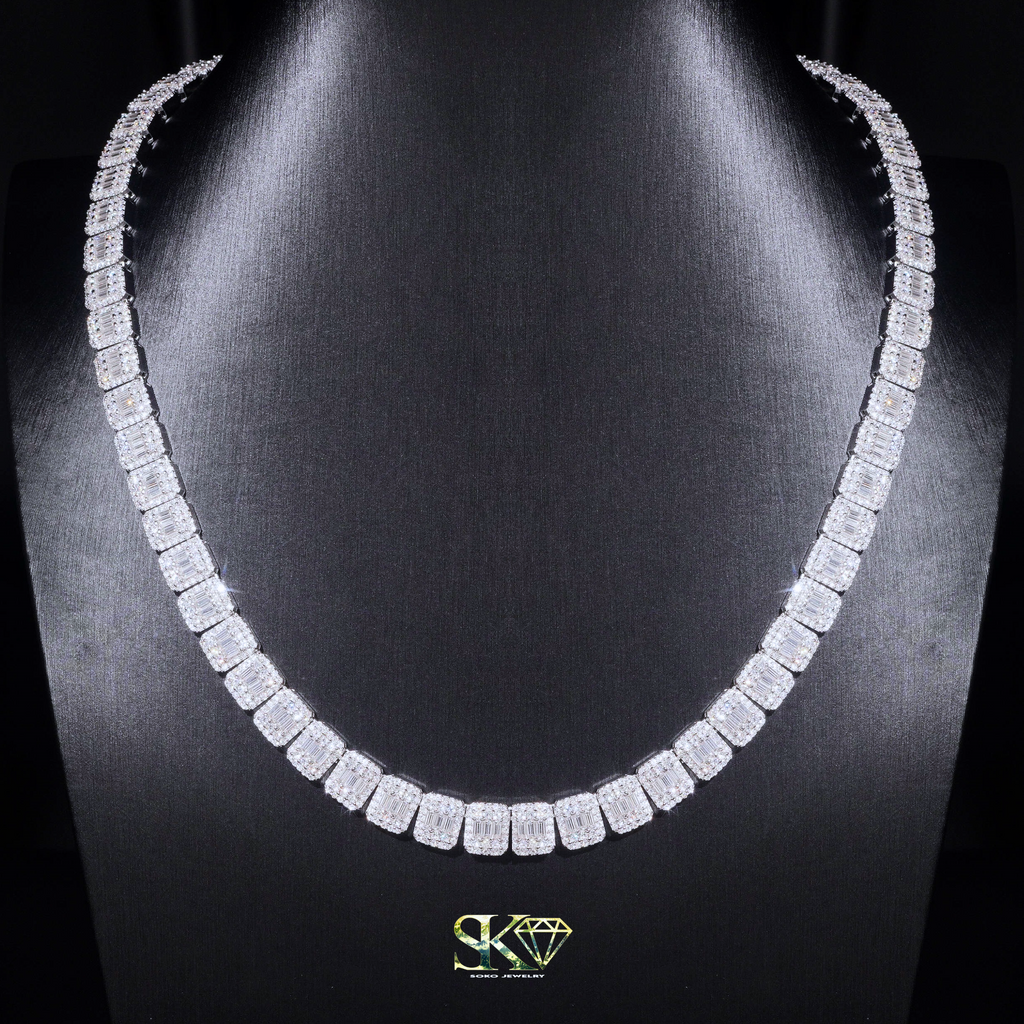 9mm Baguette-Cut Chain in S925 Silver with VVS Moissanite