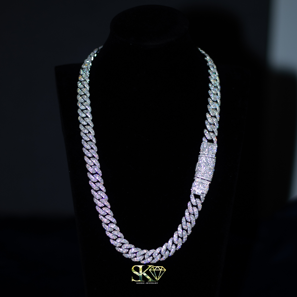 12mm Cuban Chain in S925 Silver with VVS Moissanite