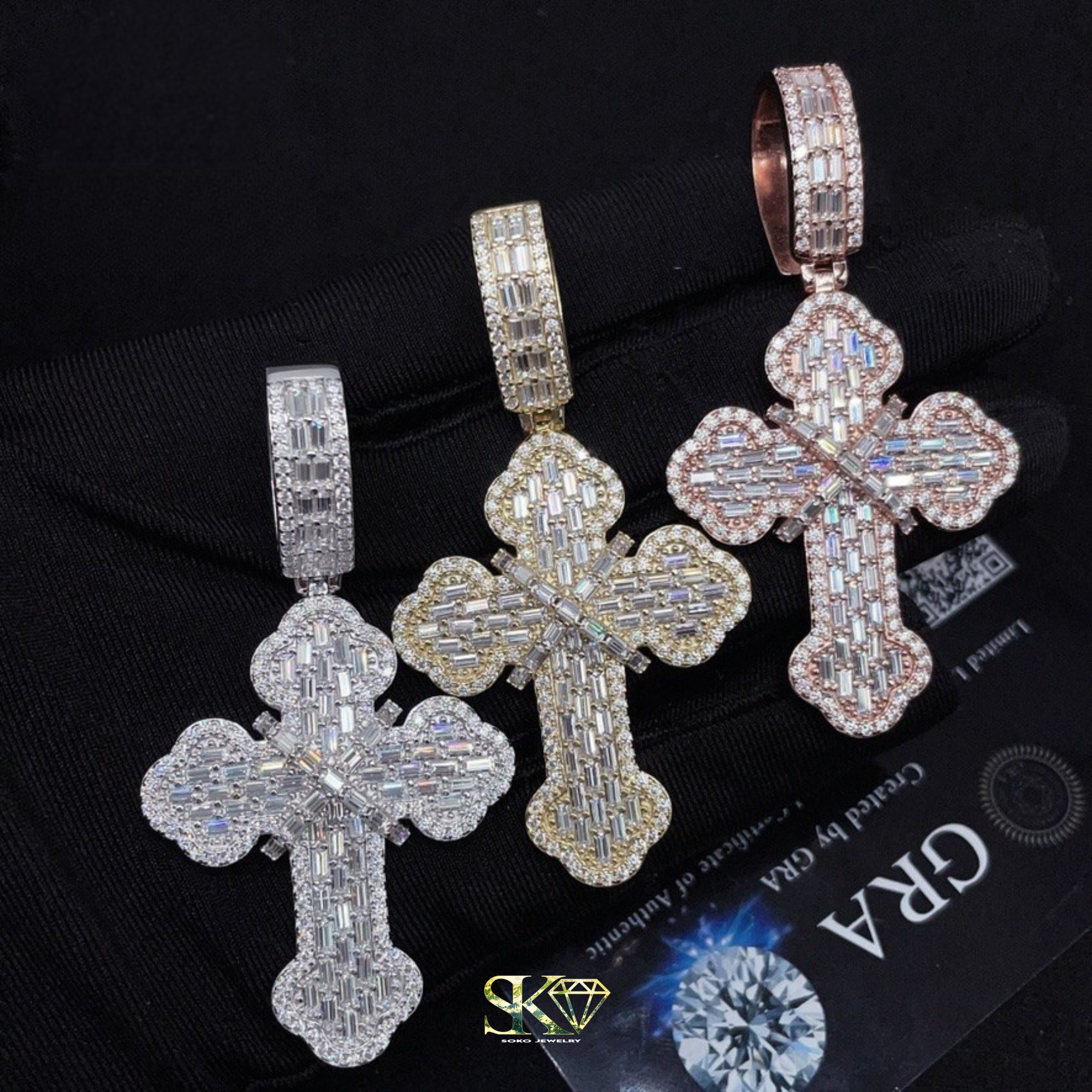 Baguette Cross Pendant in S925 Silver with VVS Moissanite