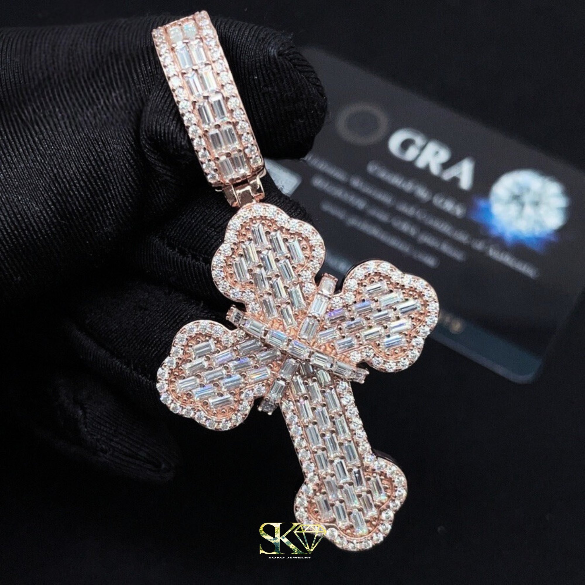 Baguette Cross Pendant in S925 Silver with VVS Moissanite