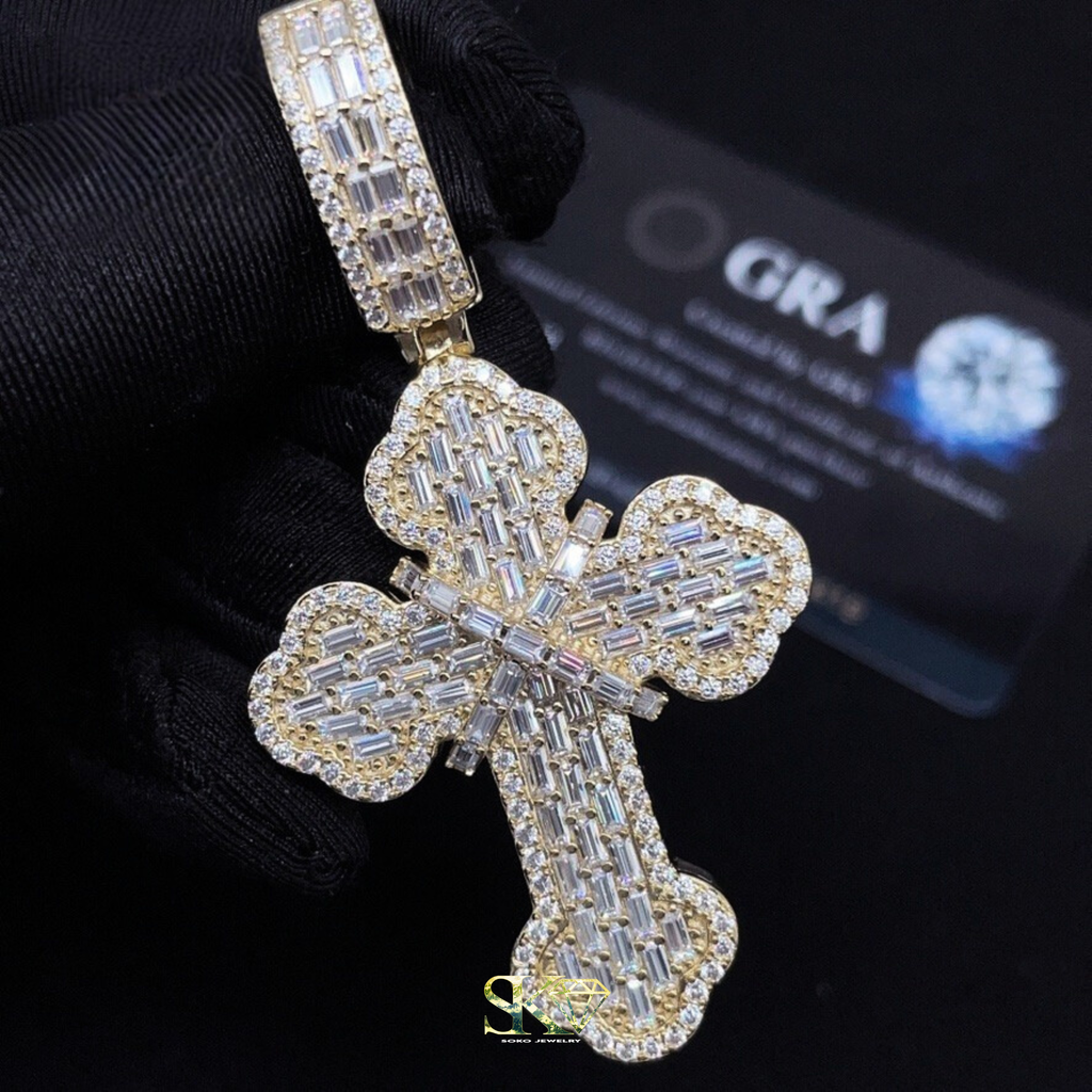 Baguette Cross Pendant in S925 Silver with VVS Moissanite