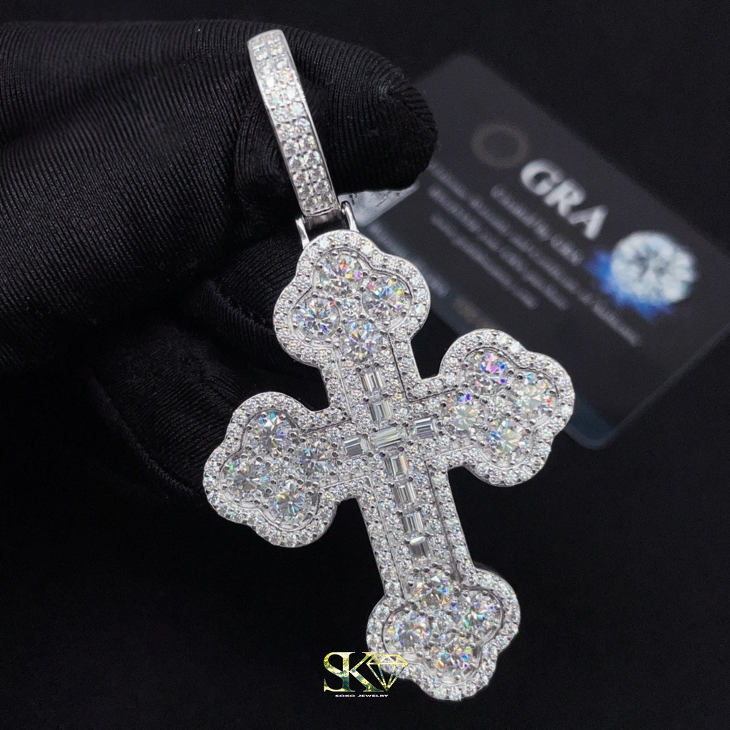 Baguette Cross Pendant in S925 Silver with VVS Moissanite