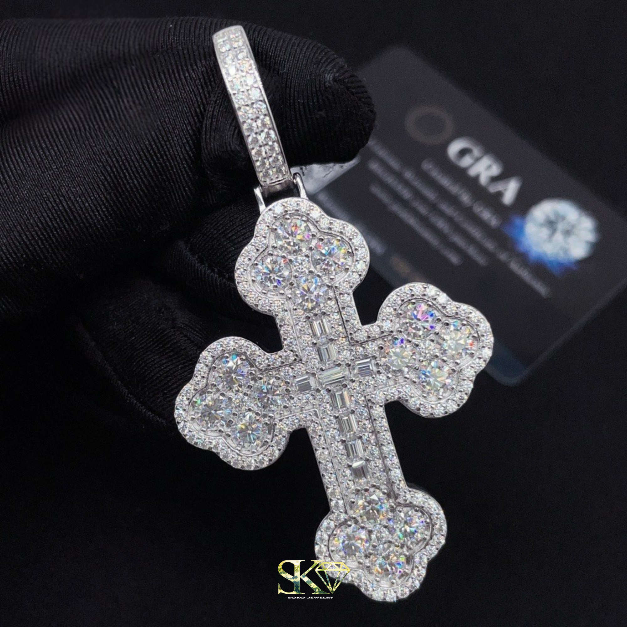 Baguette Cross Pendant in S925 Silver with VVS Moissanite