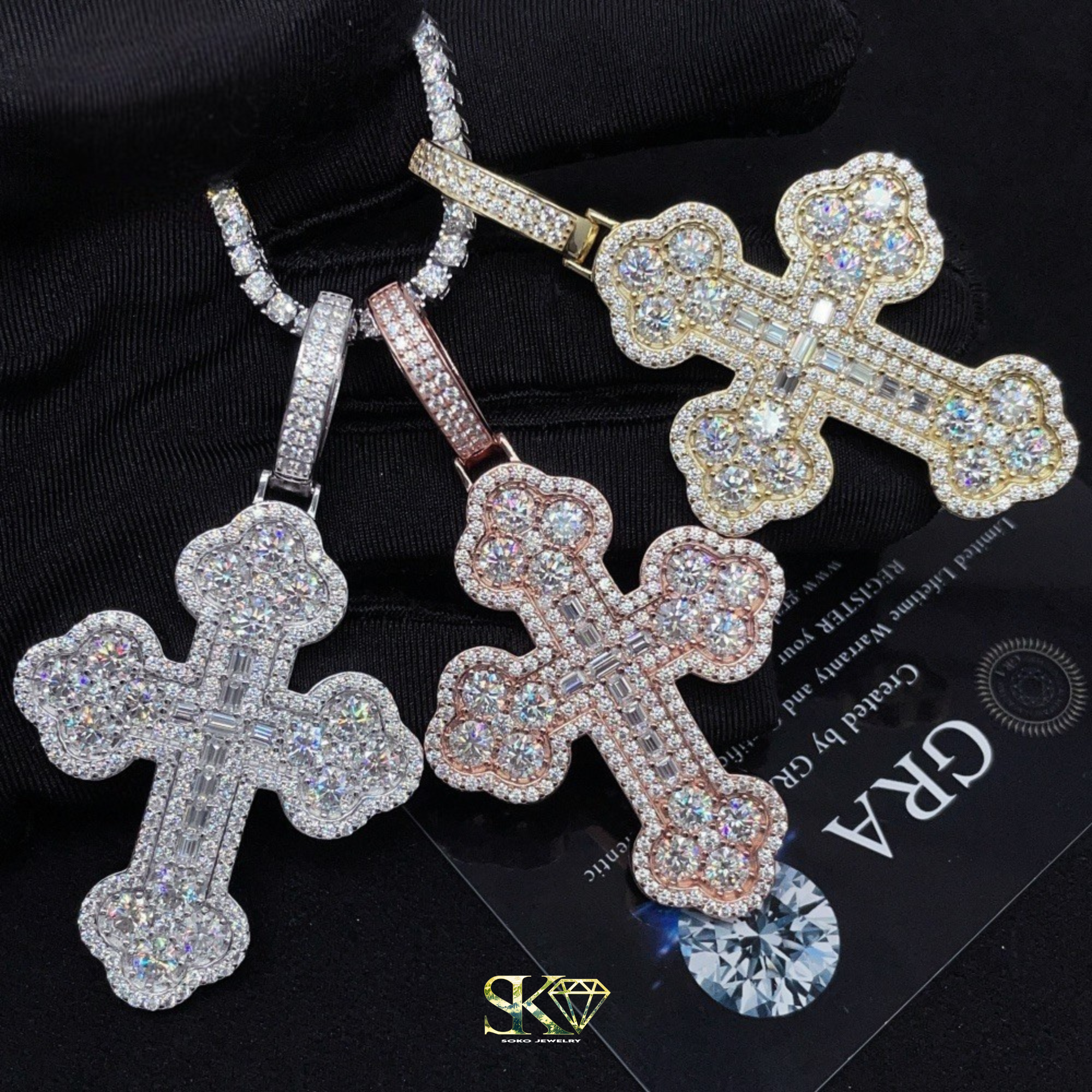 Baguette Cross Pendant in S925 Silver with VVS Moissanite