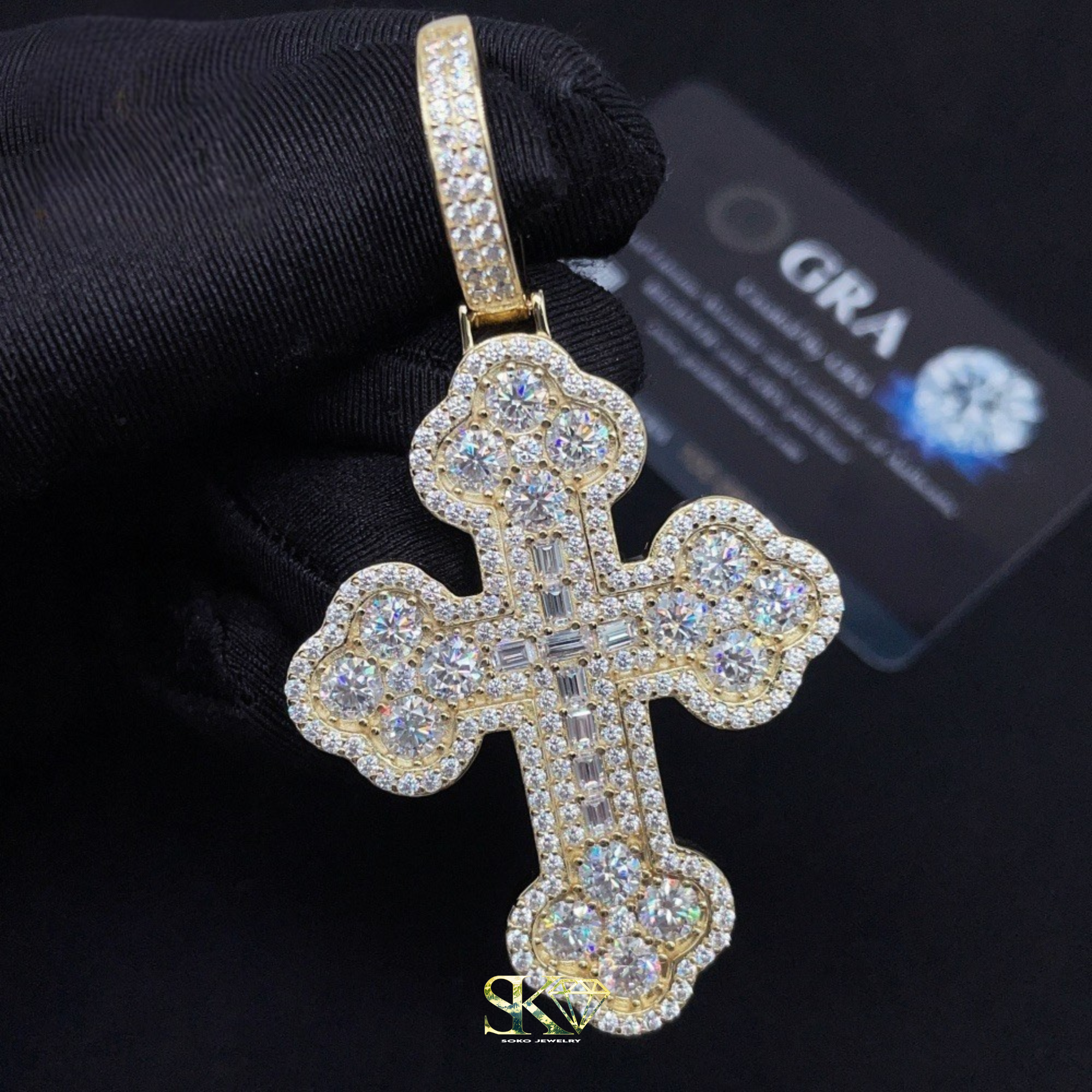 Baguette Cross Pendant in S925 Silver with VVS Moissanite