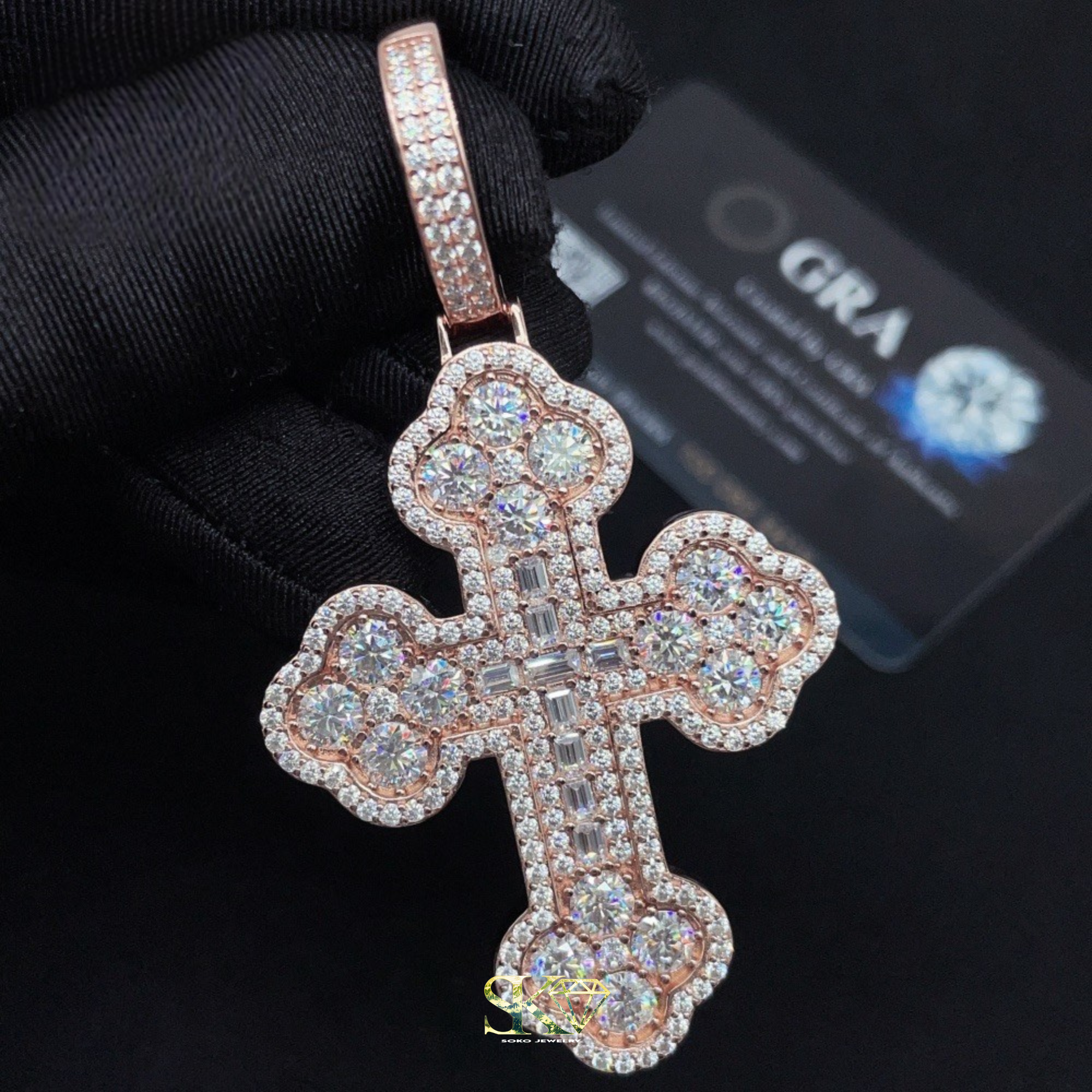 Baguette Cross Pendant in S925 Silver with VVS Moissanite