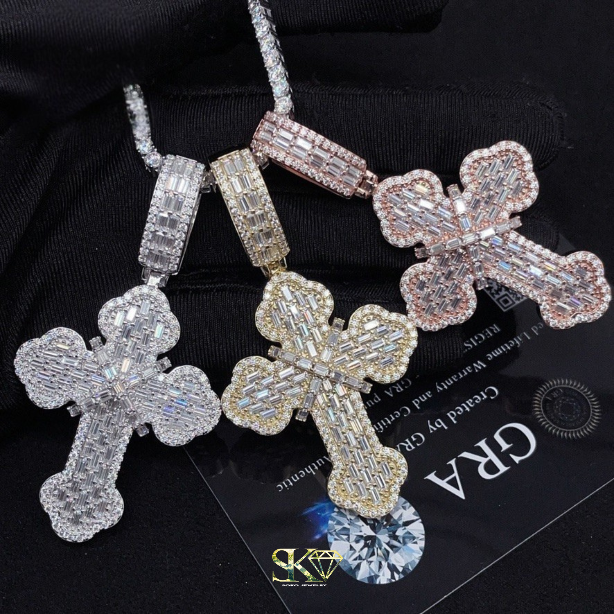Baguette Cross Pendant in S925 Silver with VVS Moissanite