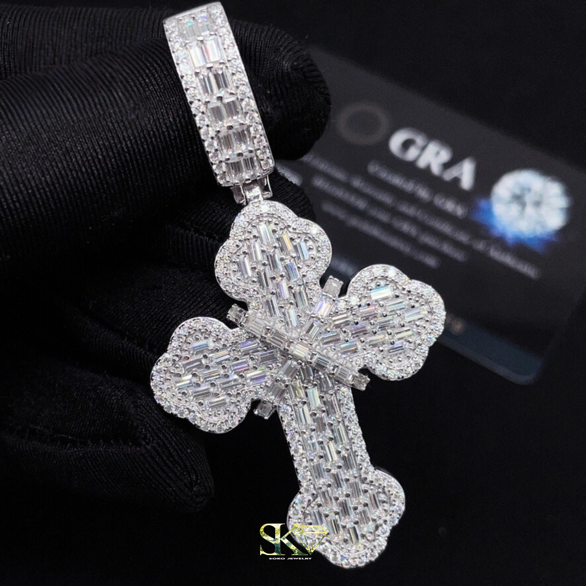 Baguette Cross Pendant in S925 Silver with VVS Moissanite