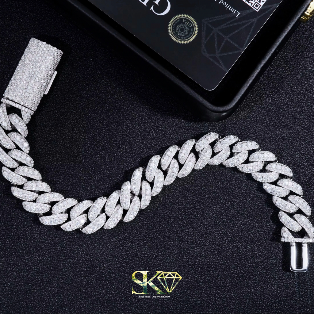 13mm Cuban Bracelet and Chain in S925 Silver with VVS Moissanite