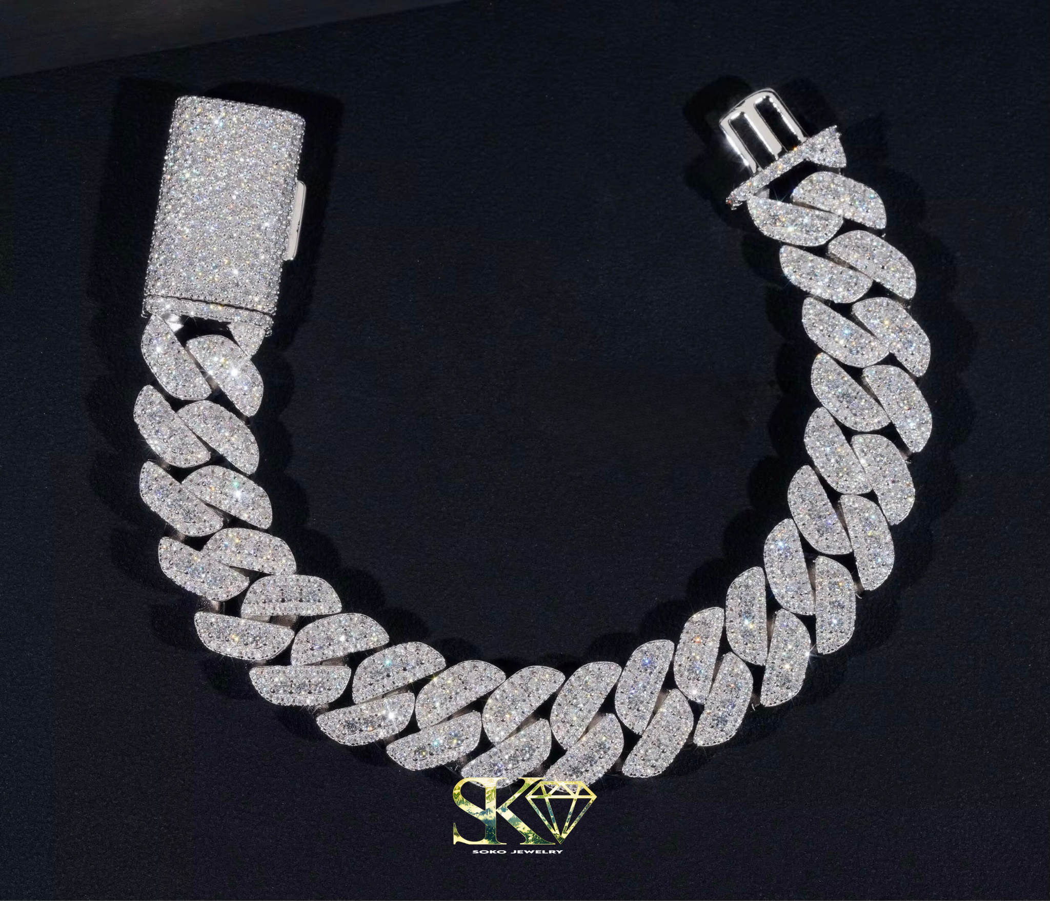 15mm Three-Row Cuban Bracelet in S925 Silver with VVS Moissanite