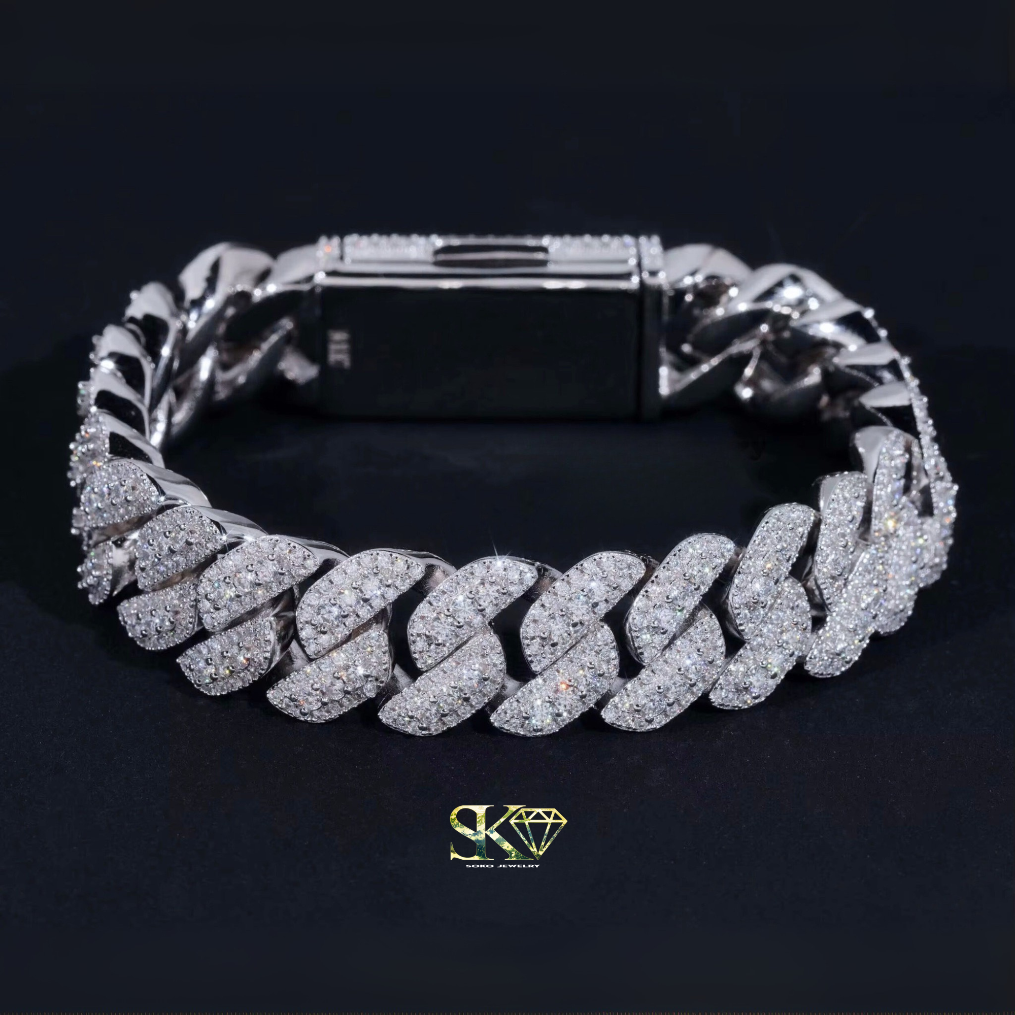 15mm Three-Row Cuban Bracelet in S925 Silver with VVS Moissanite