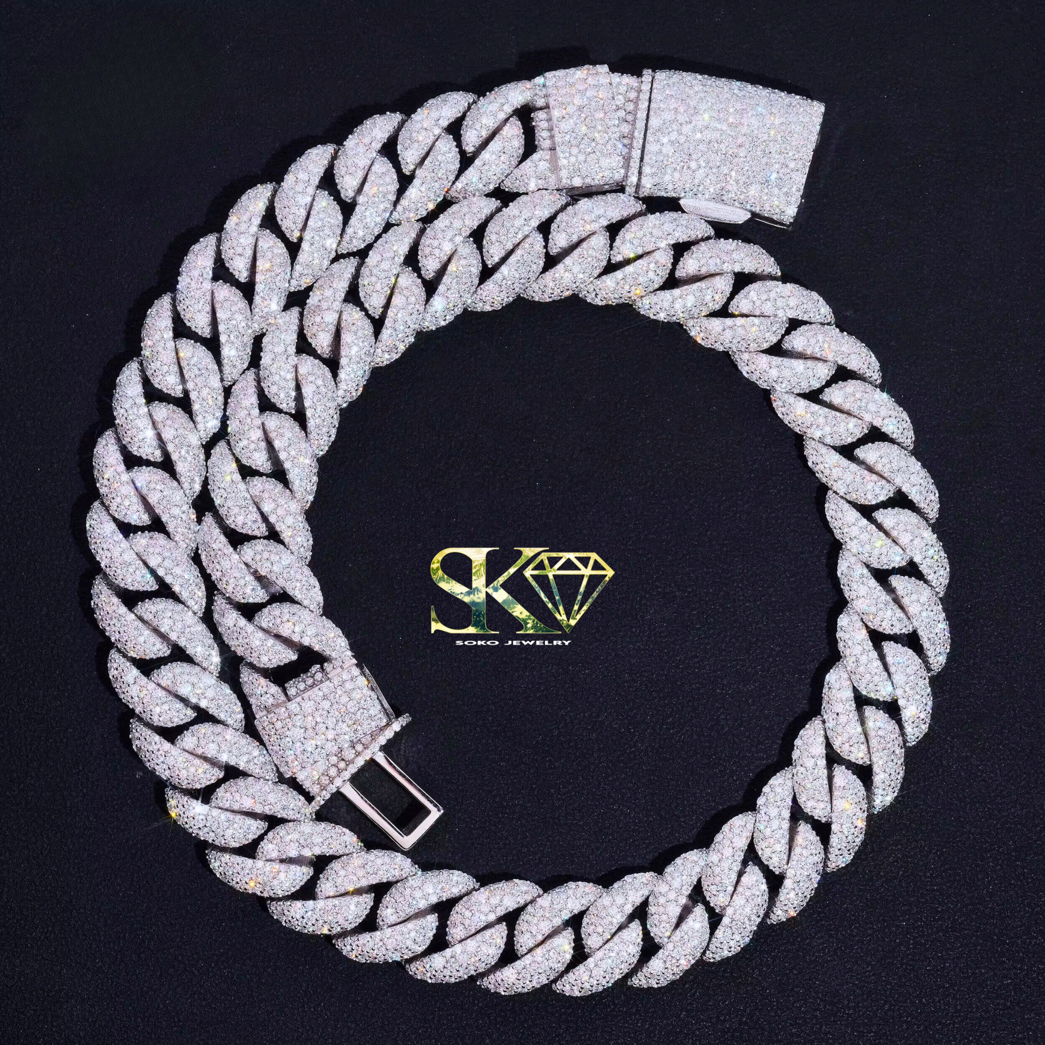 15mm Cuban Chain in S925 Silver with Reinforced VVS Moissanite Clasp