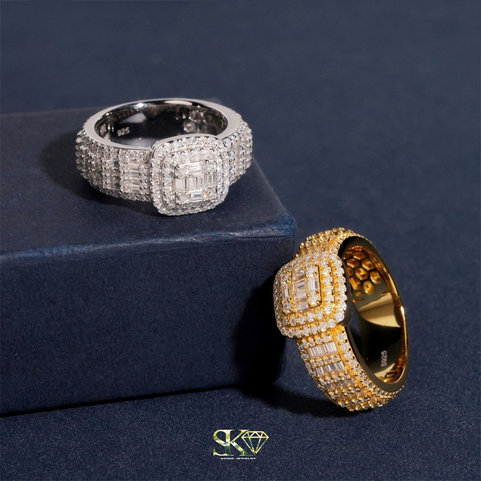 Baguette Square Ring in S925 Silver with VVS Moissanites