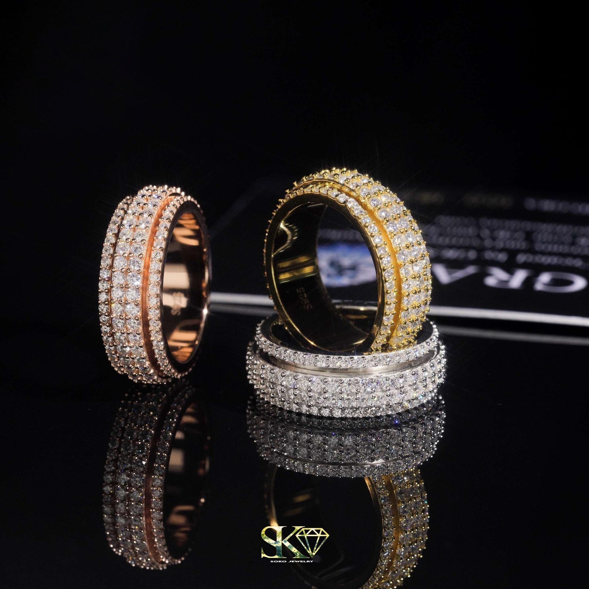 Triple Row Iced Out Ring in S925 Silver with VVS Moissanites