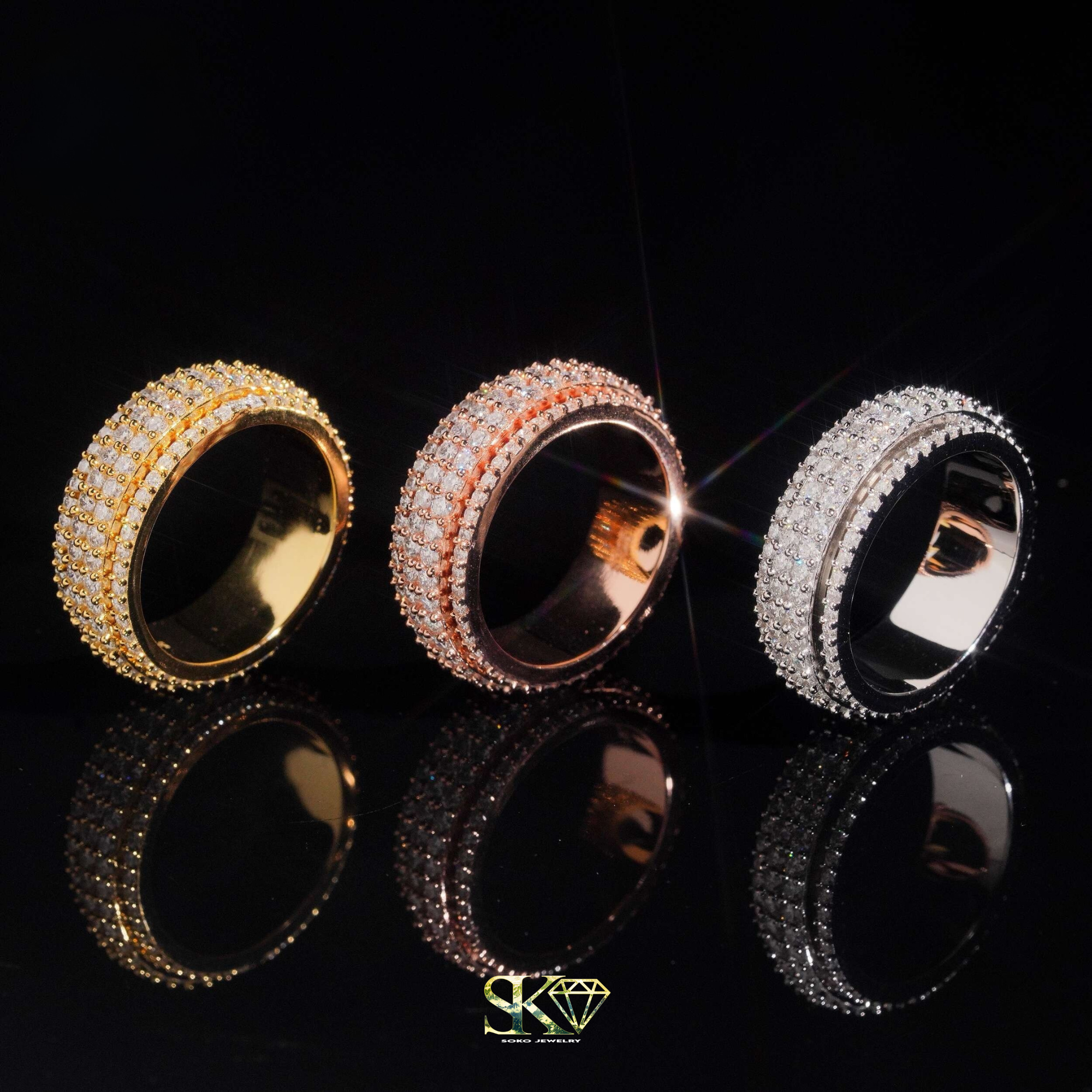 Triple Row Iced Out Ring in S925 Silver with VVS Moissanites