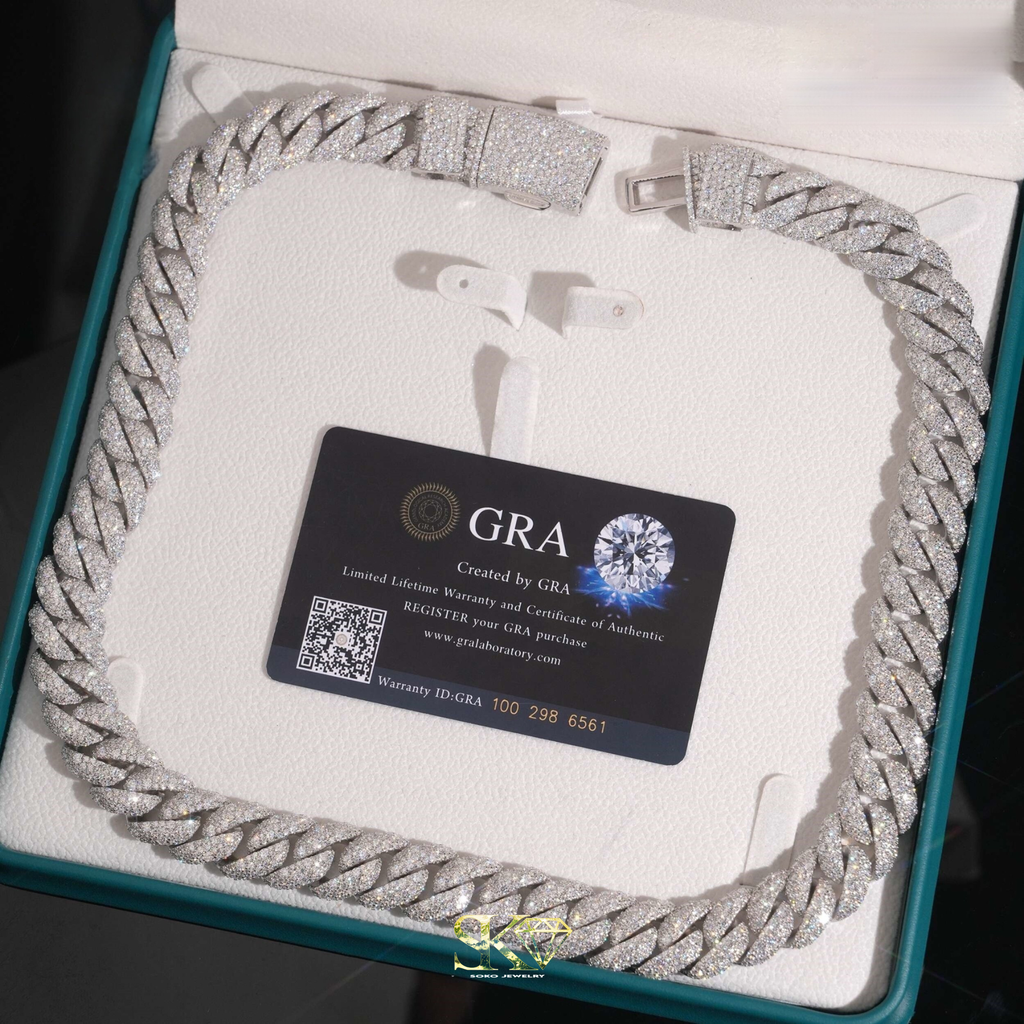 15mm Cuban Chain in S925 Silver with Reinforced VVS Moissanite Clasp