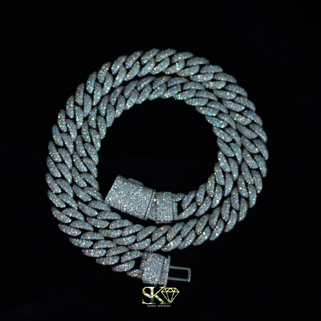 12mm Cuban Chain in S925 Silver with VVS Moissanite