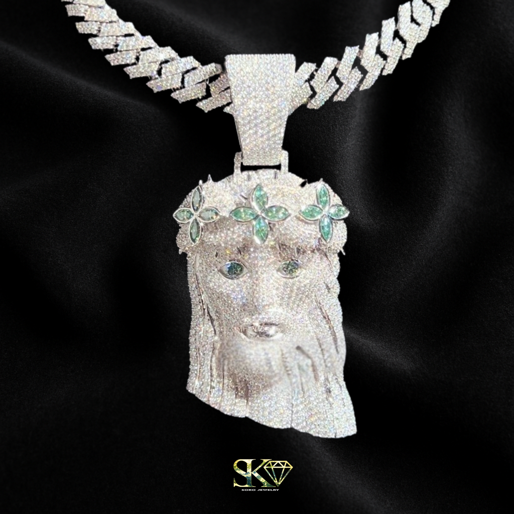 Jesus Pendant in S925 Silver with Moissanites and Emeralds