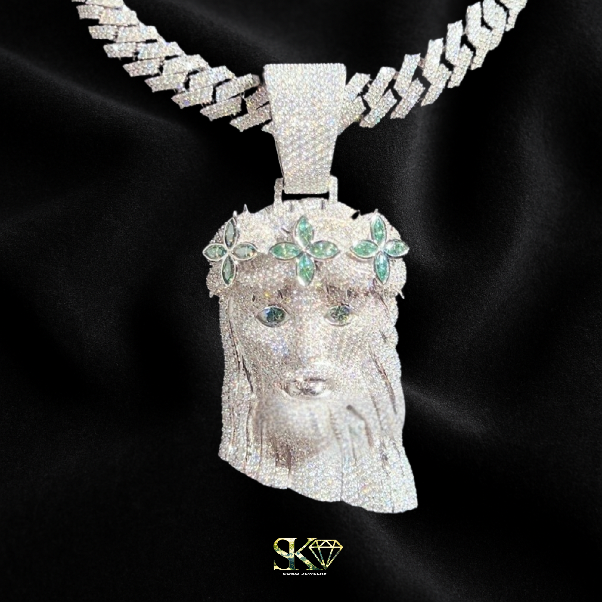 Jesus Pendant in S925 Silver with Moissanites and Emeralds