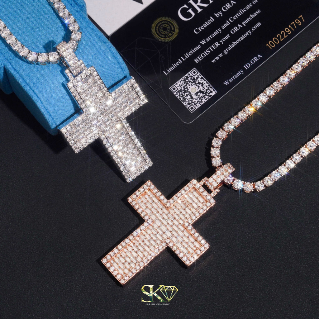 Baguette Cross Pendant in VVS1 Moissanite and S925 Silver