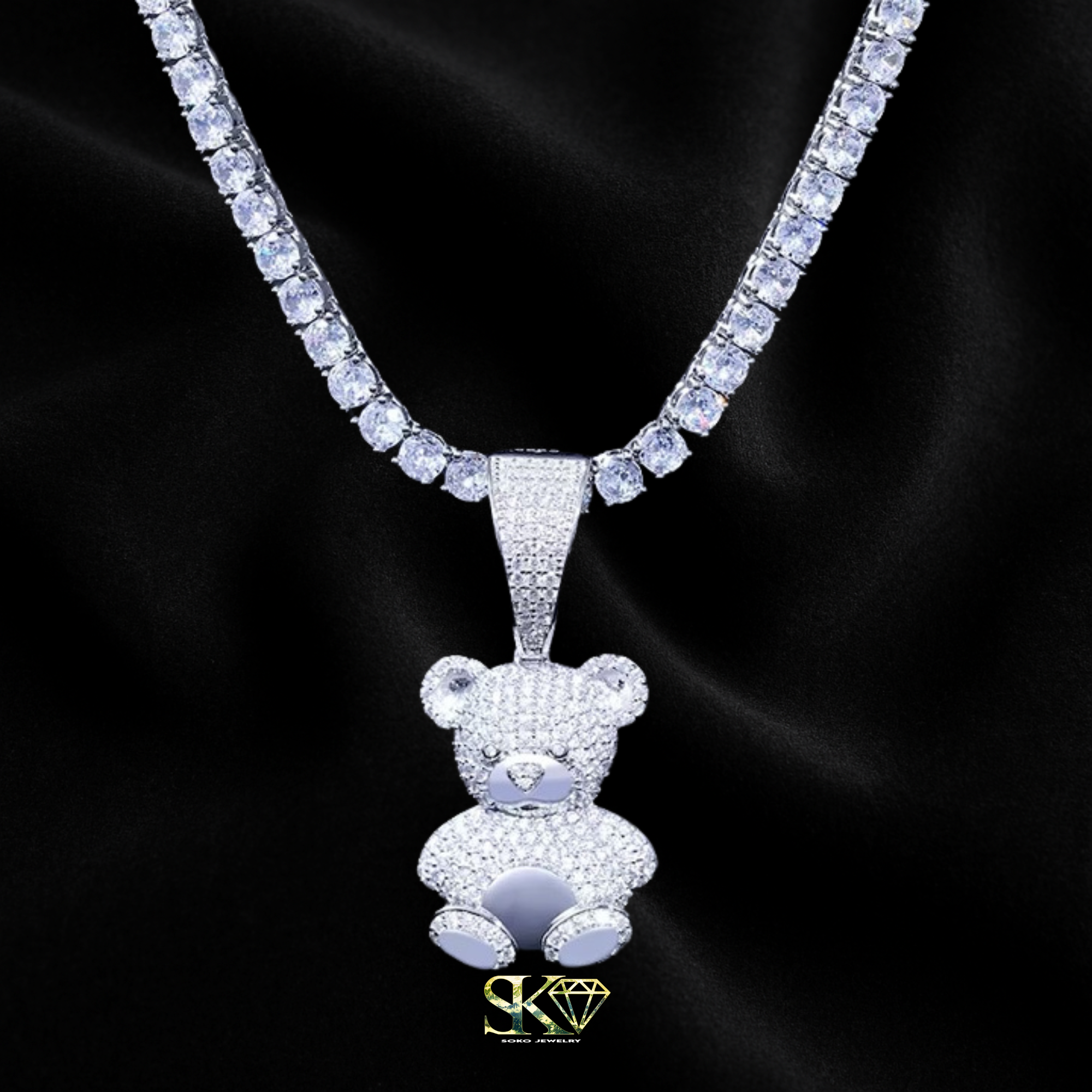 Teddy Bear Pendant in S925 Silver with VVS Moissanite