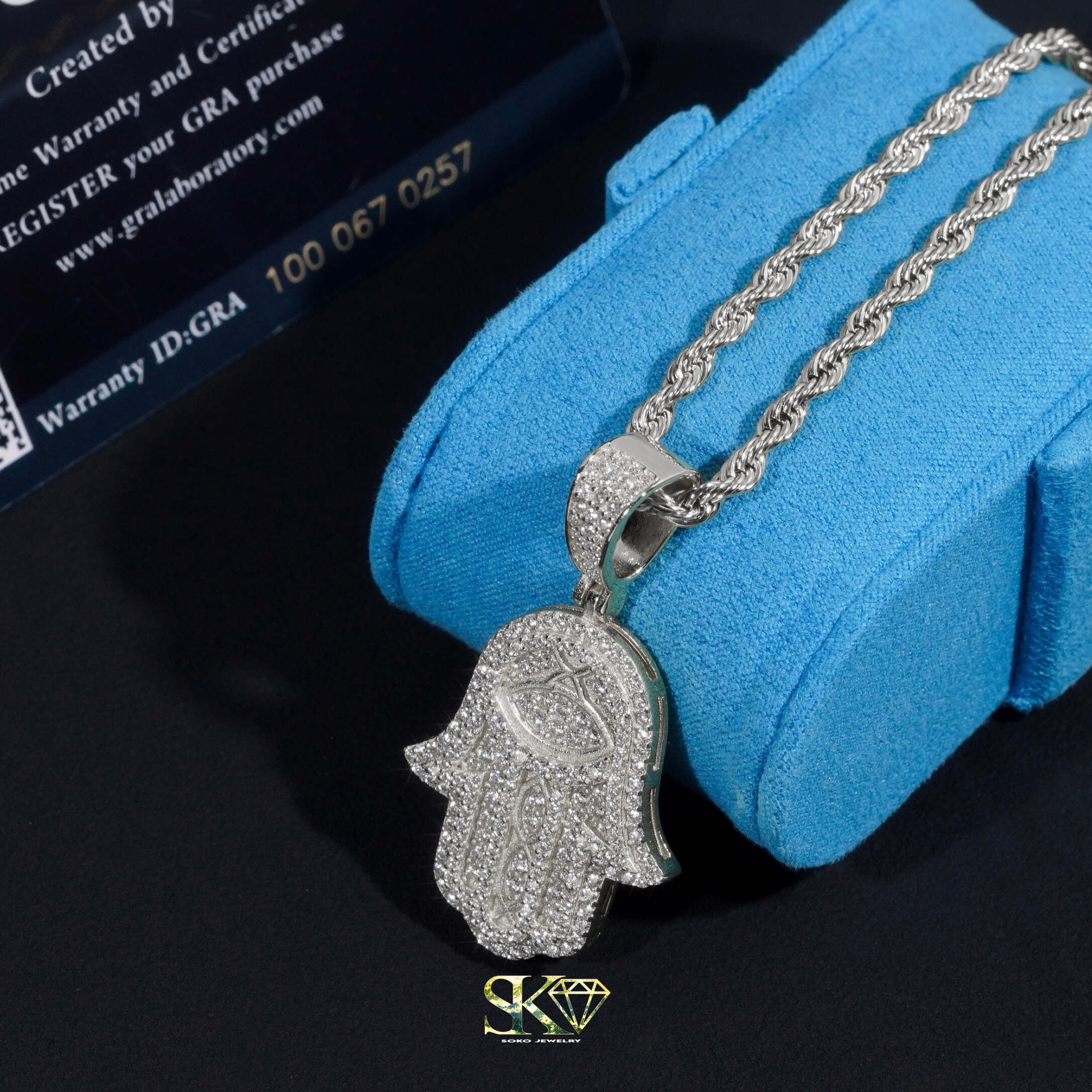 Hamsa Hand Pendant in S925 Silver with VVS Moissanite