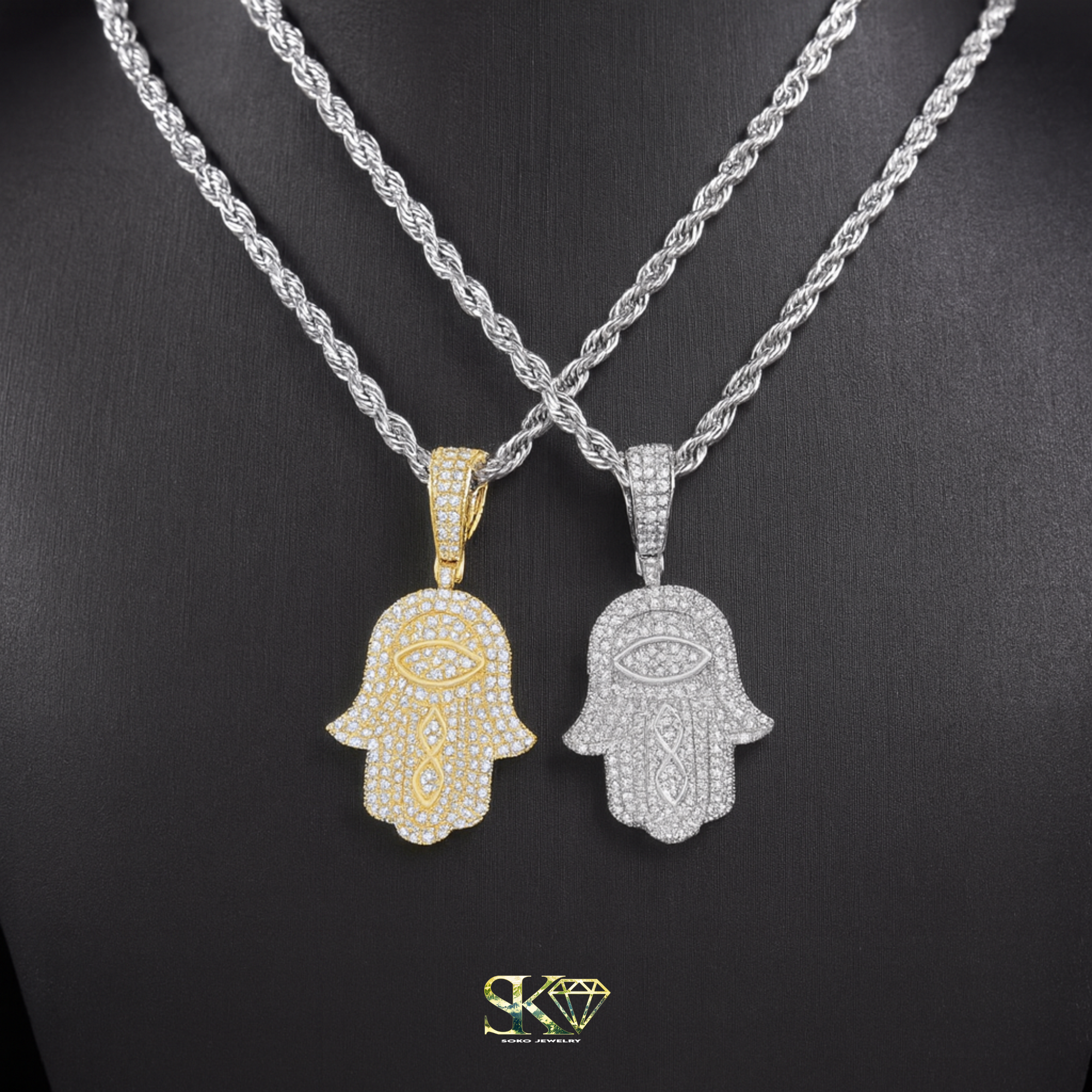 Hamsa Hand Pendant in S925 Silver with VVS Moissanite