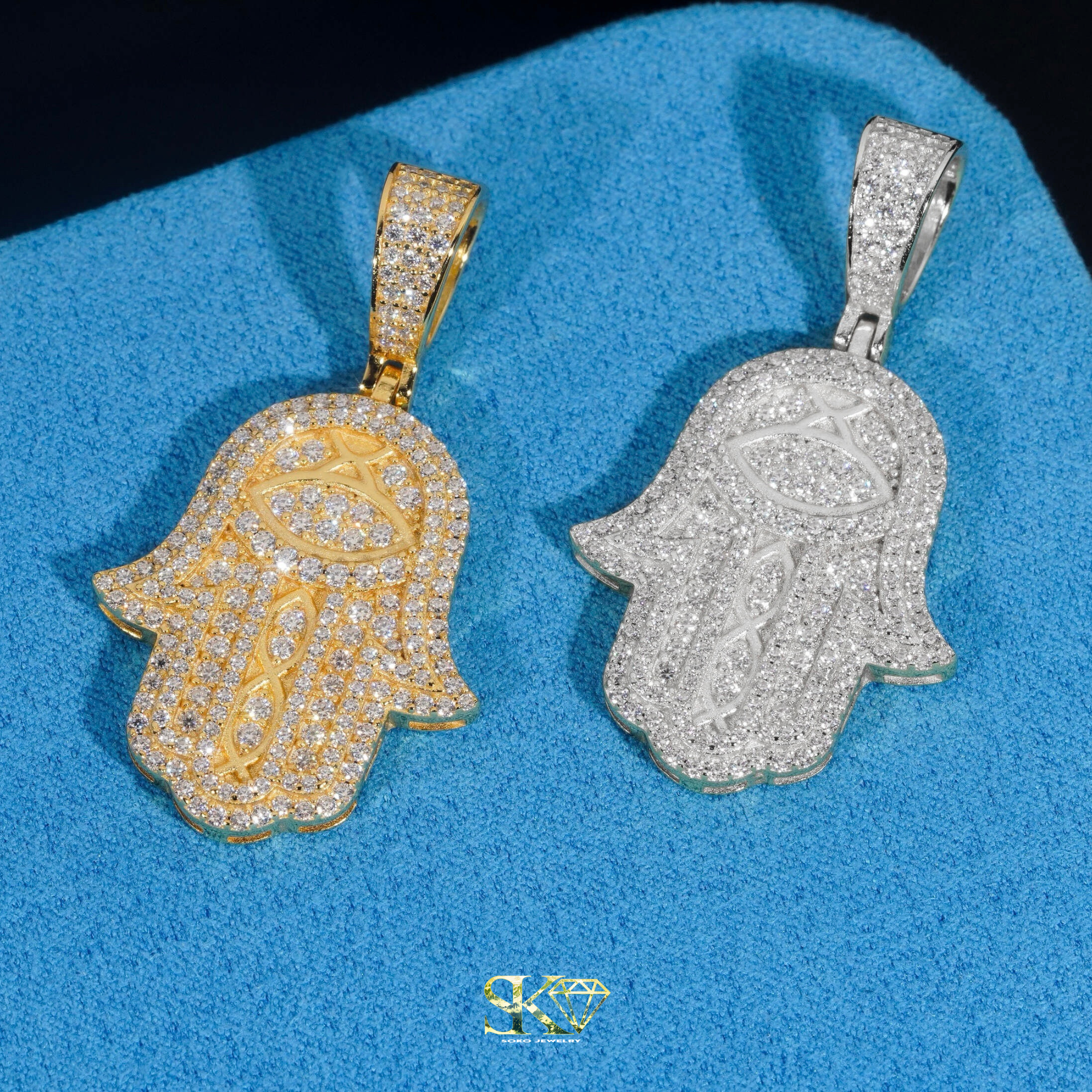 Hamsa Hand Pendant in S925 Silver with VVS Moissanite