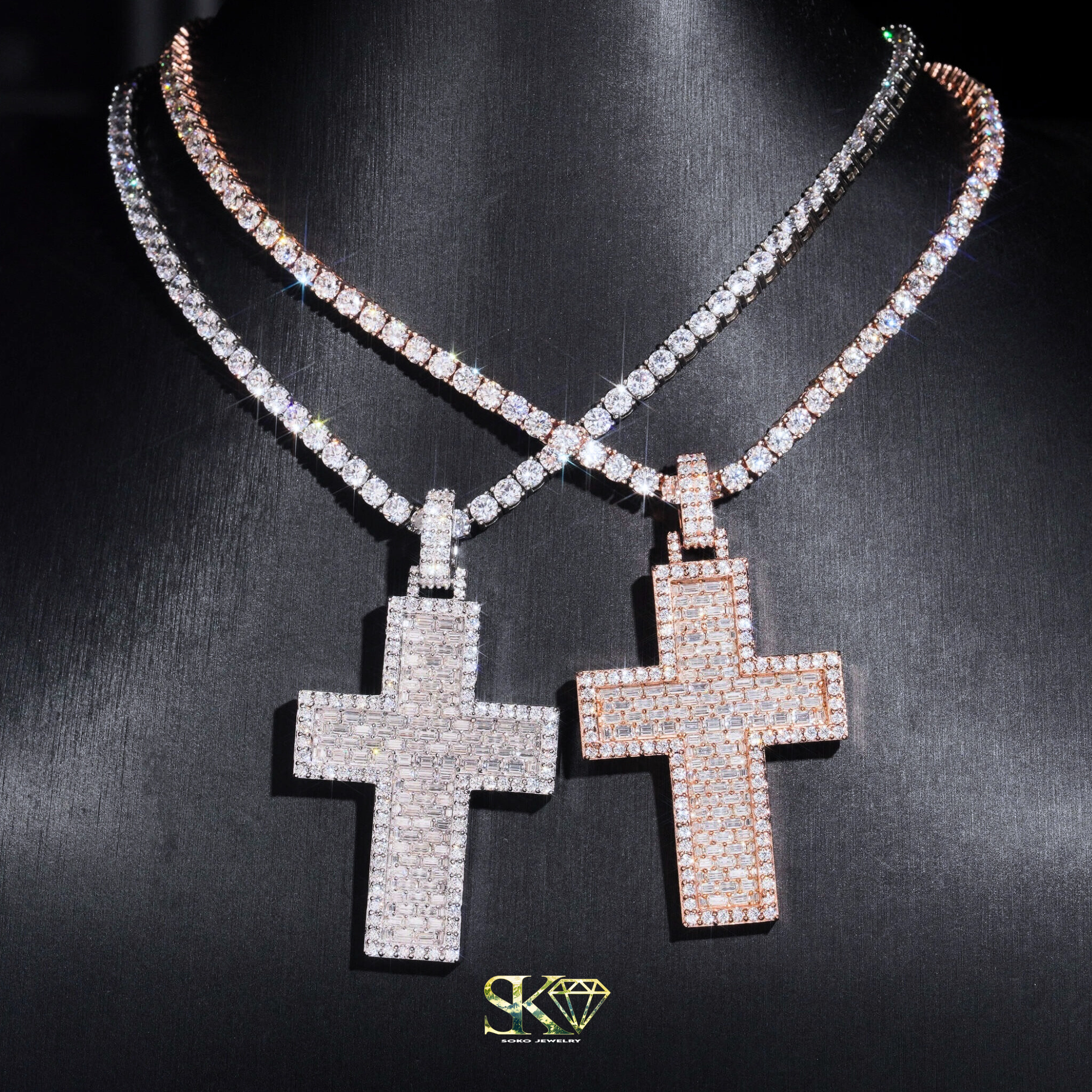 Baguette Cross Pendant in VVS1 Moissanite and S925 Silver